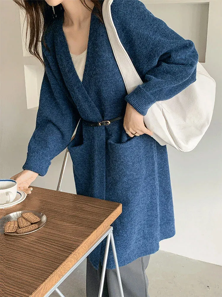 Women Solid Color Loose Thick Warm Sweater Cardigan Pocket Ladies Spring Autumn V Neck Knitted Coat Female Casual Tops C-124