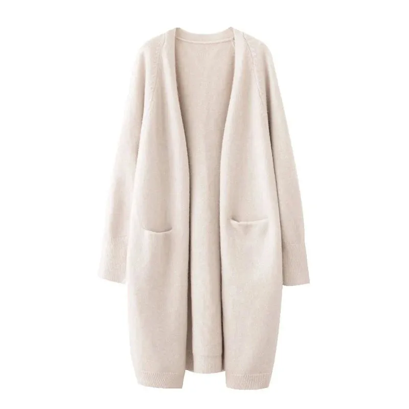 Women Solid Color Loose Thick Warm Sweater Cardigan Pocket Ladies Spring Autumn V Neck Knitted Coat Female Casual Tops C-124