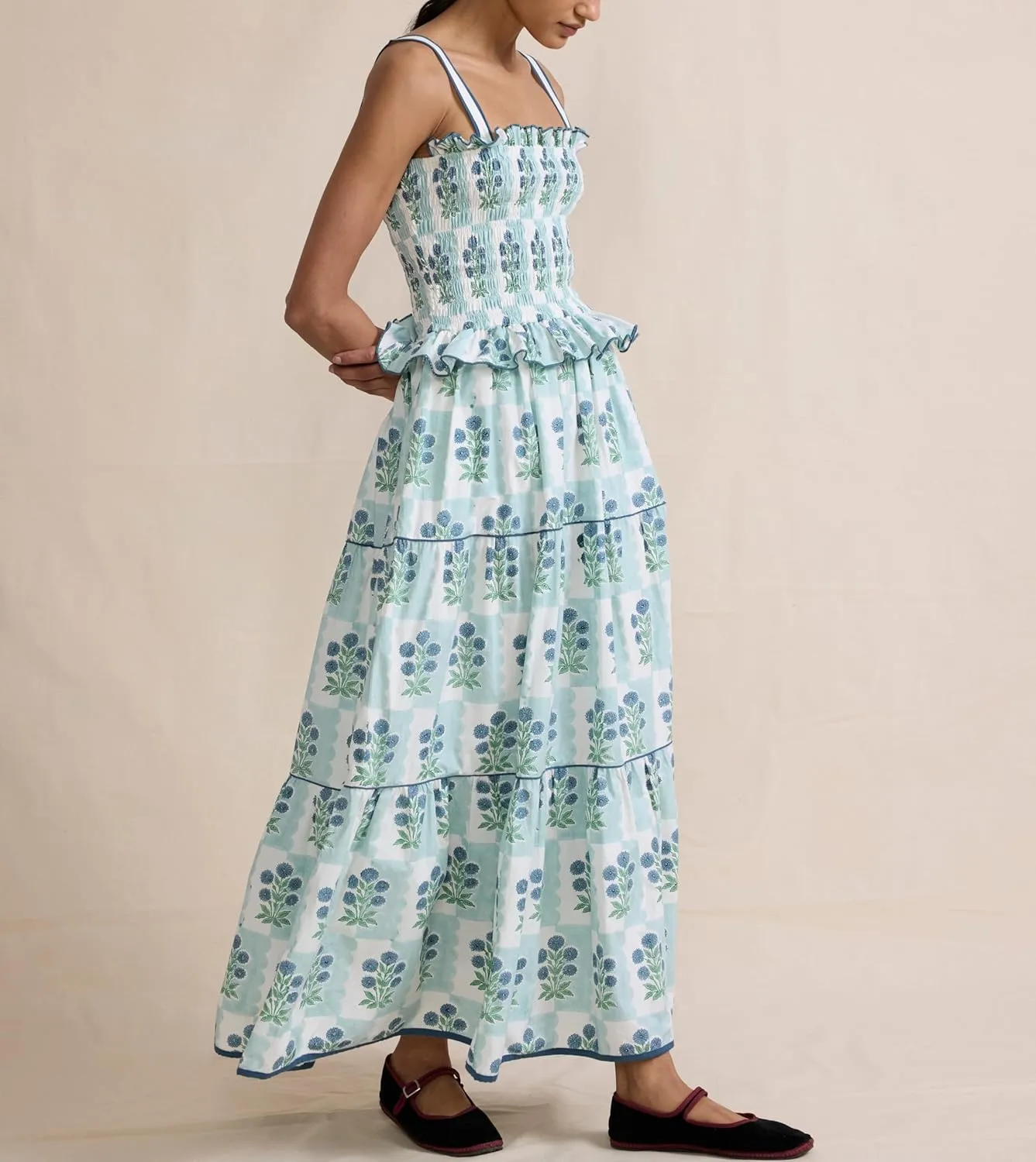 Women Tie Shoulder Boho Maxi Dress Floral Flowy A Line Long Sundress Summer Y2k Smocked Bohemian Midi Dresses