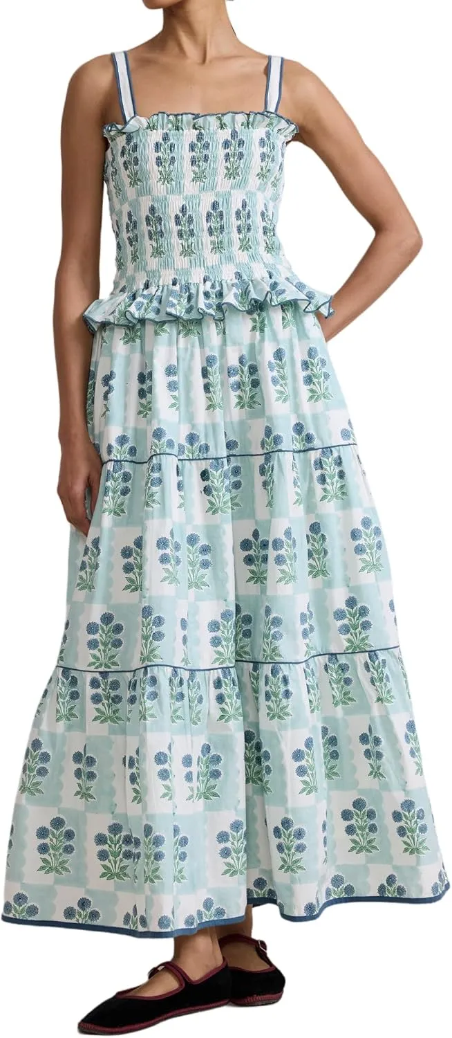Women Tie Shoulder Boho Maxi Dress Floral Flowy A Line Long Sundress Summer Y2k Smocked Bohemian Midi Dresses