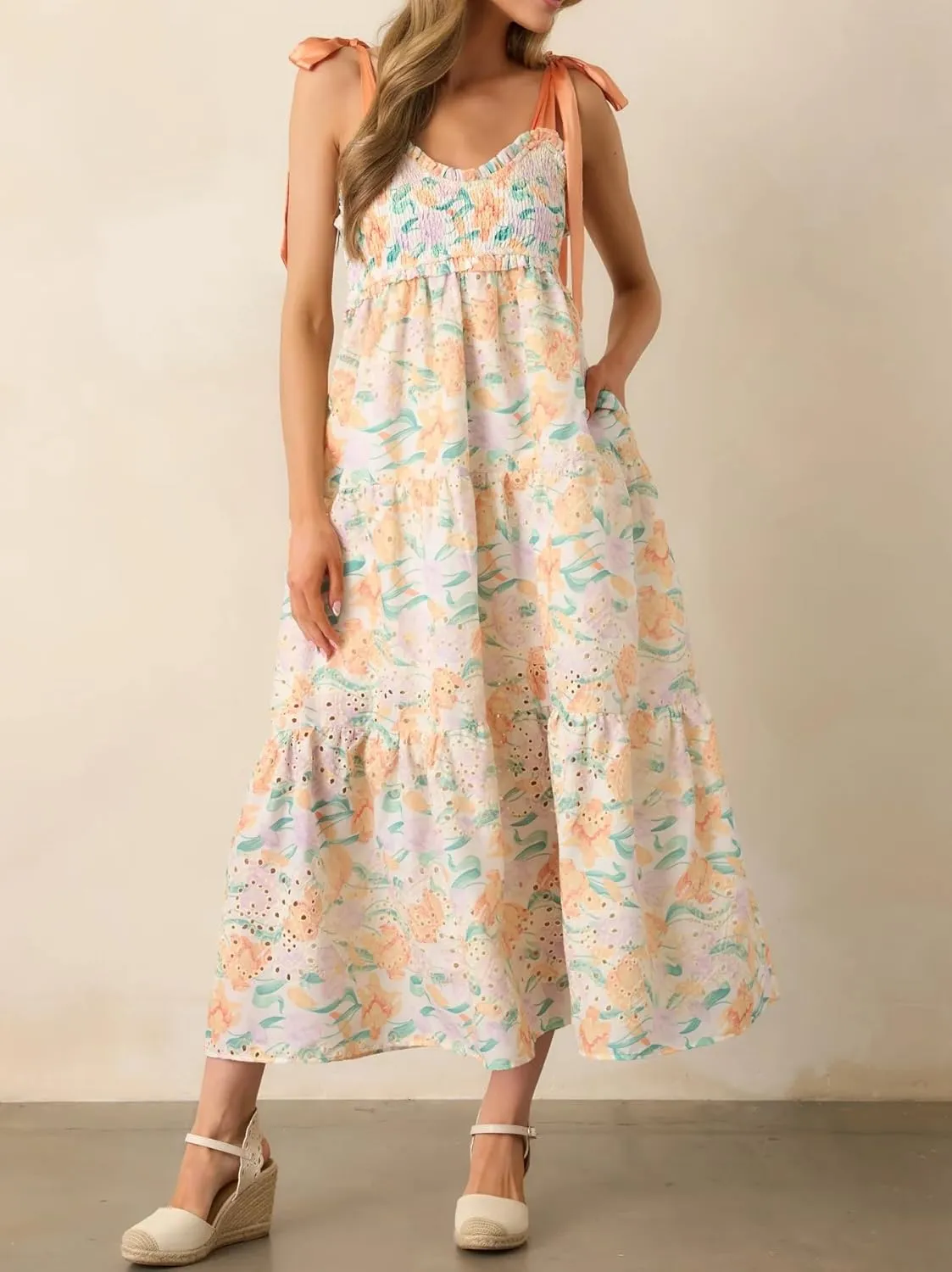 Women Tie Shoulder Boho Maxi Dress Floral Flowy A Line Long Sundress Summer Y2k Smocked Bohemian Midi Dresses