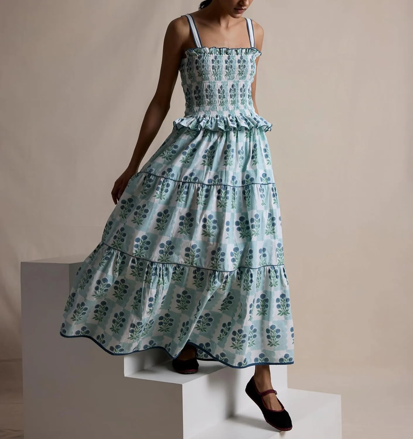 Women Tie Shoulder Boho Maxi Dress Floral Flowy A Line Long Sundress Summer Y2k Smocked Bohemian Midi Dresses