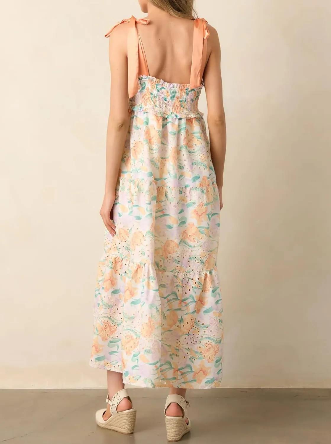 Women Tie Shoulder Boho Maxi Dress Floral Flowy A Line Long Sundress Summer Y2k Smocked Bohemian Midi Dresses