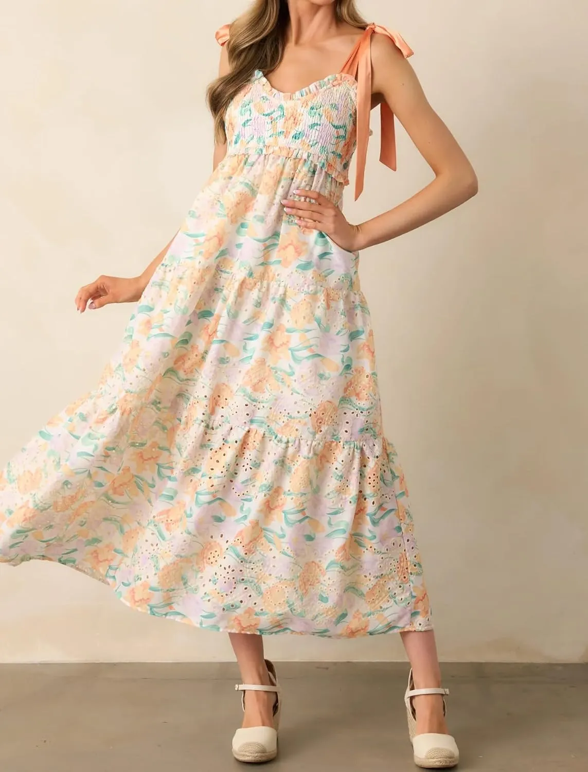 Women Tie Shoulder Boho Maxi Dress Floral Flowy A Line Long Sundress Summer Y2k Smocked Bohemian Midi Dresses