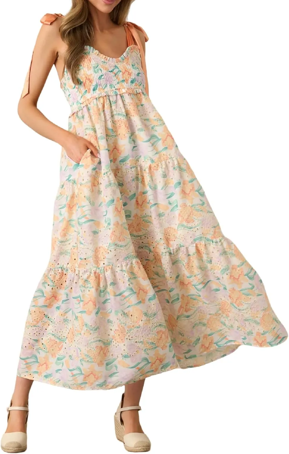 Women Tie Shoulder Boho Maxi Dress Floral Flowy A Line Long Sundress Summer Y2k Smocked Bohemian Midi Dresses