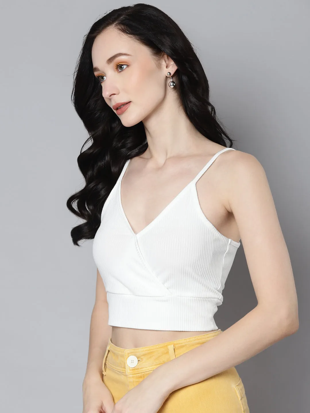 Women White Rib Wrap Neck Crop Top