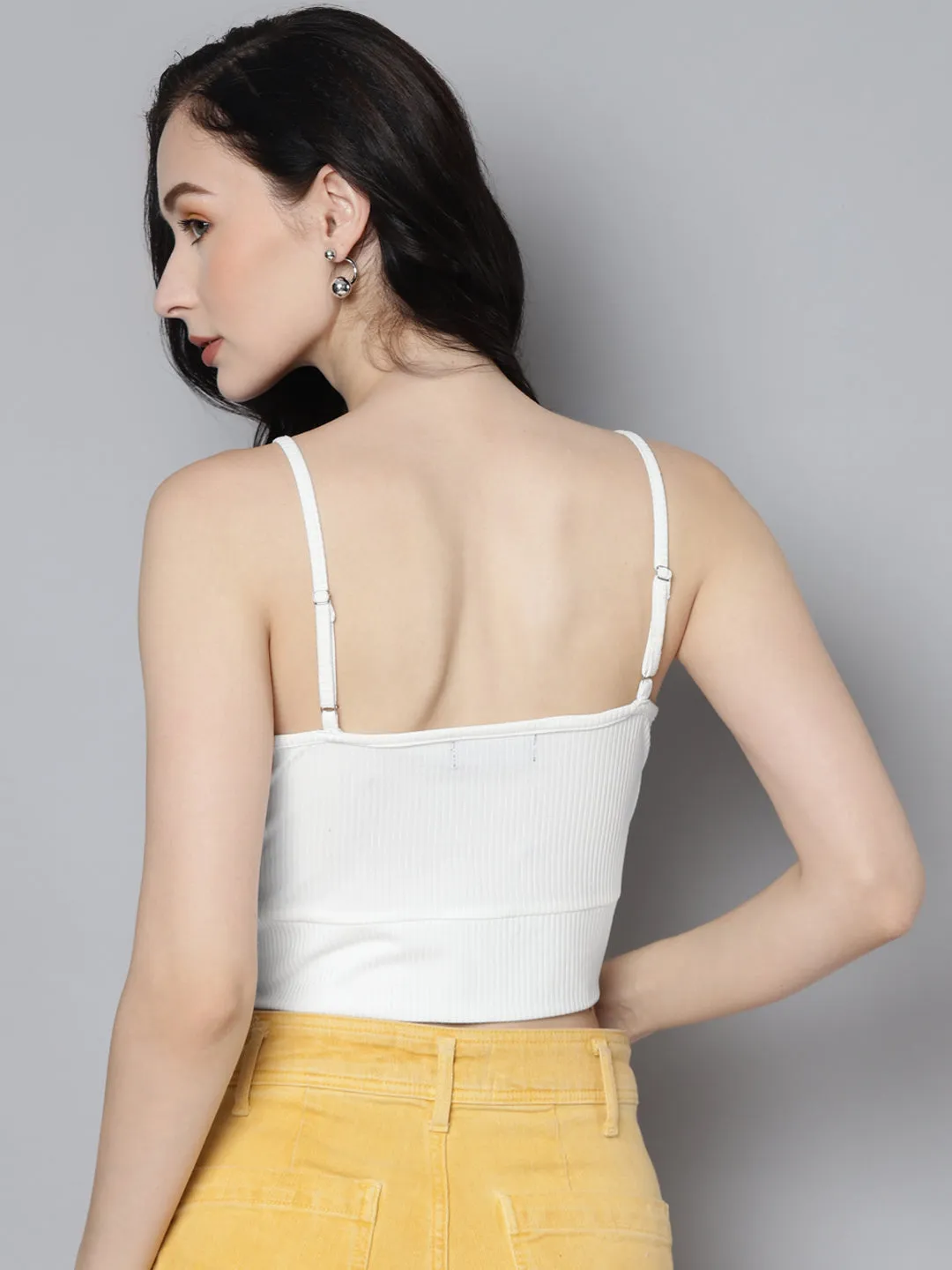 Women White Rib Wrap Neck Crop Top