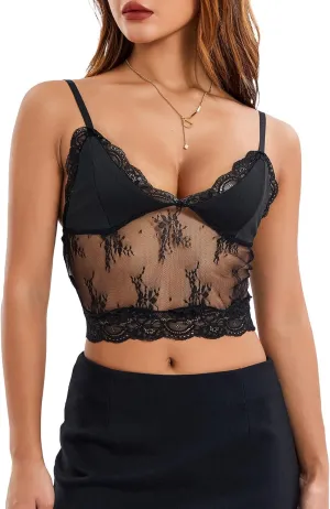 Women Y2k Spaghetti Strap Camisole Crop Top Mesh See Through Slim Fit Tank Top Going Out Shirt Vest Tops Streetwear