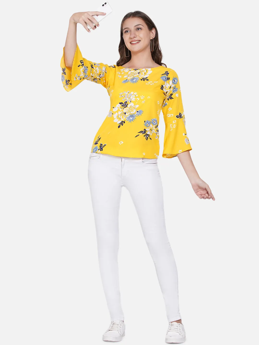 Women Yellow Floral Print Crepe Top