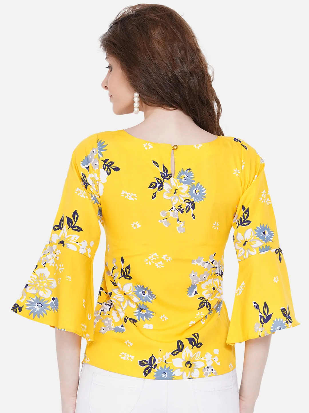 Women Yellow Floral Print Crepe Top