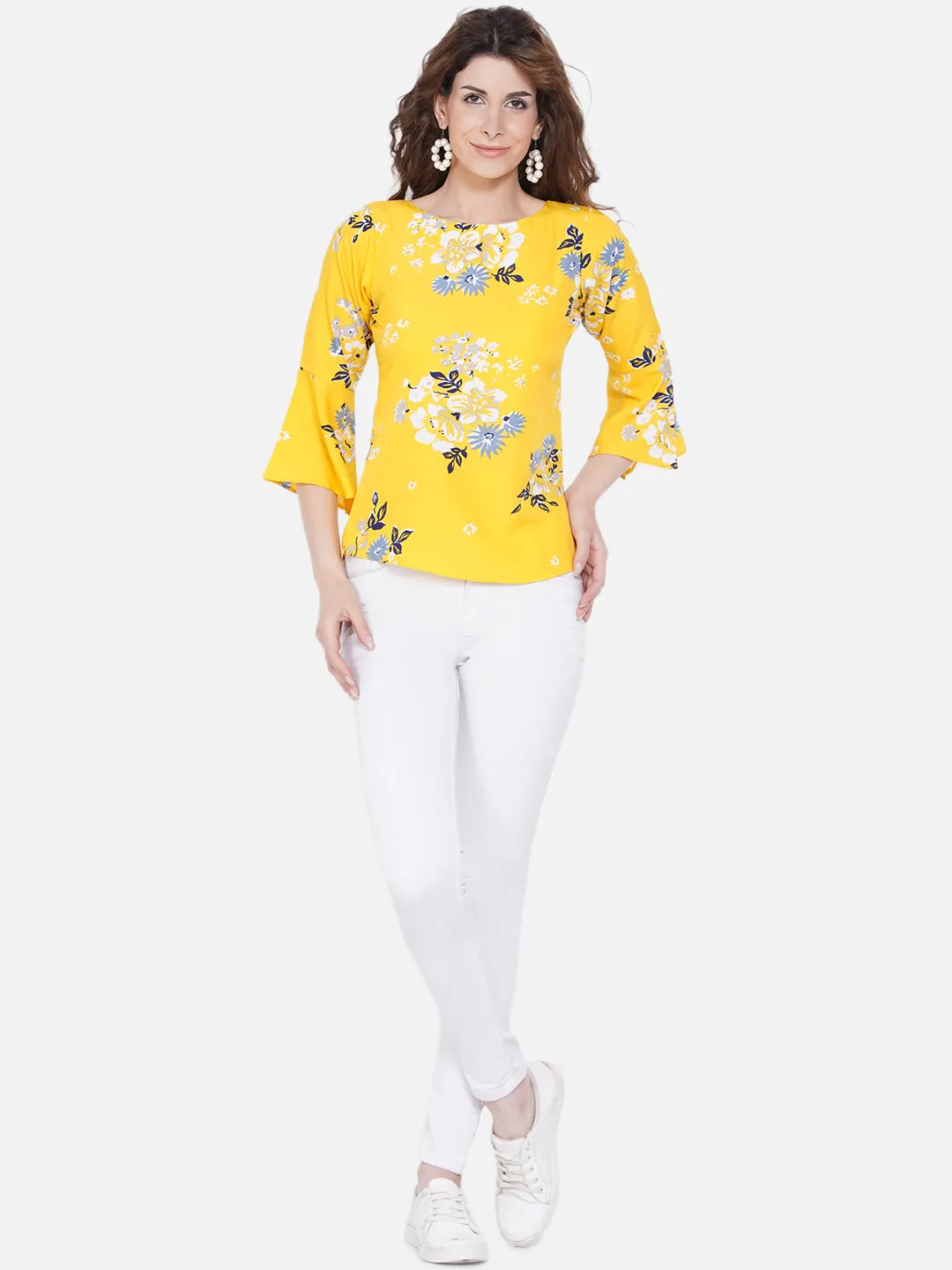 Women Yellow Floral Print Crepe Top