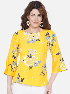 Women Yellow Floral Print Crepe Top