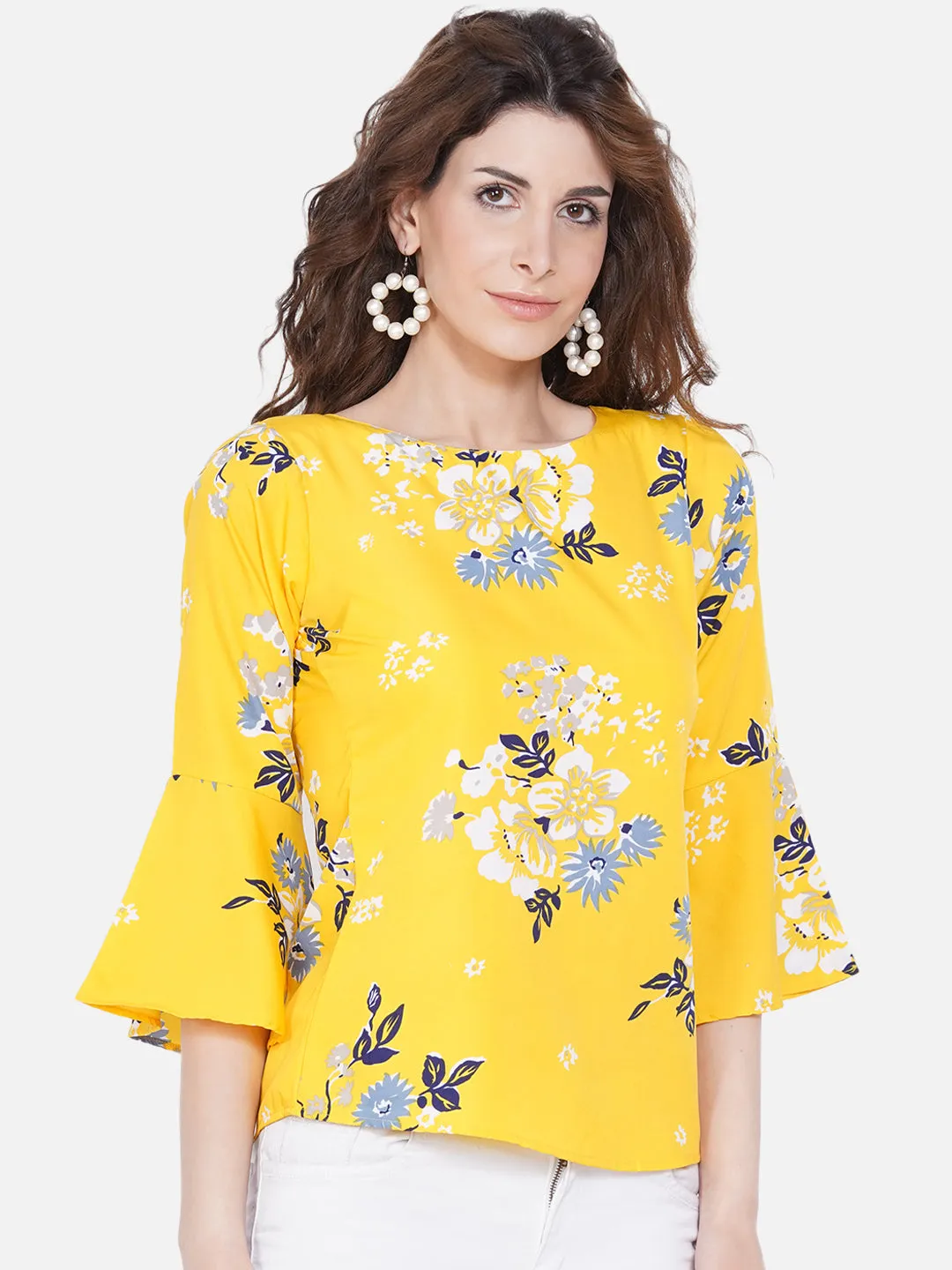 Women Yellow Floral Print Crepe Top