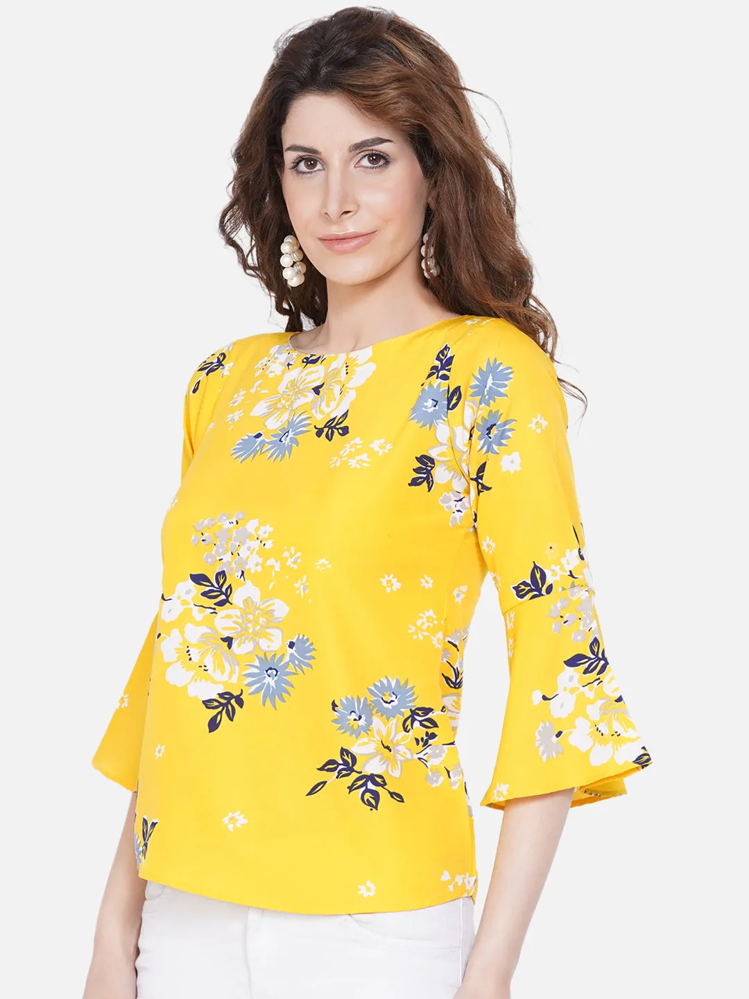 Women Yellow Floral Print Crepe Top