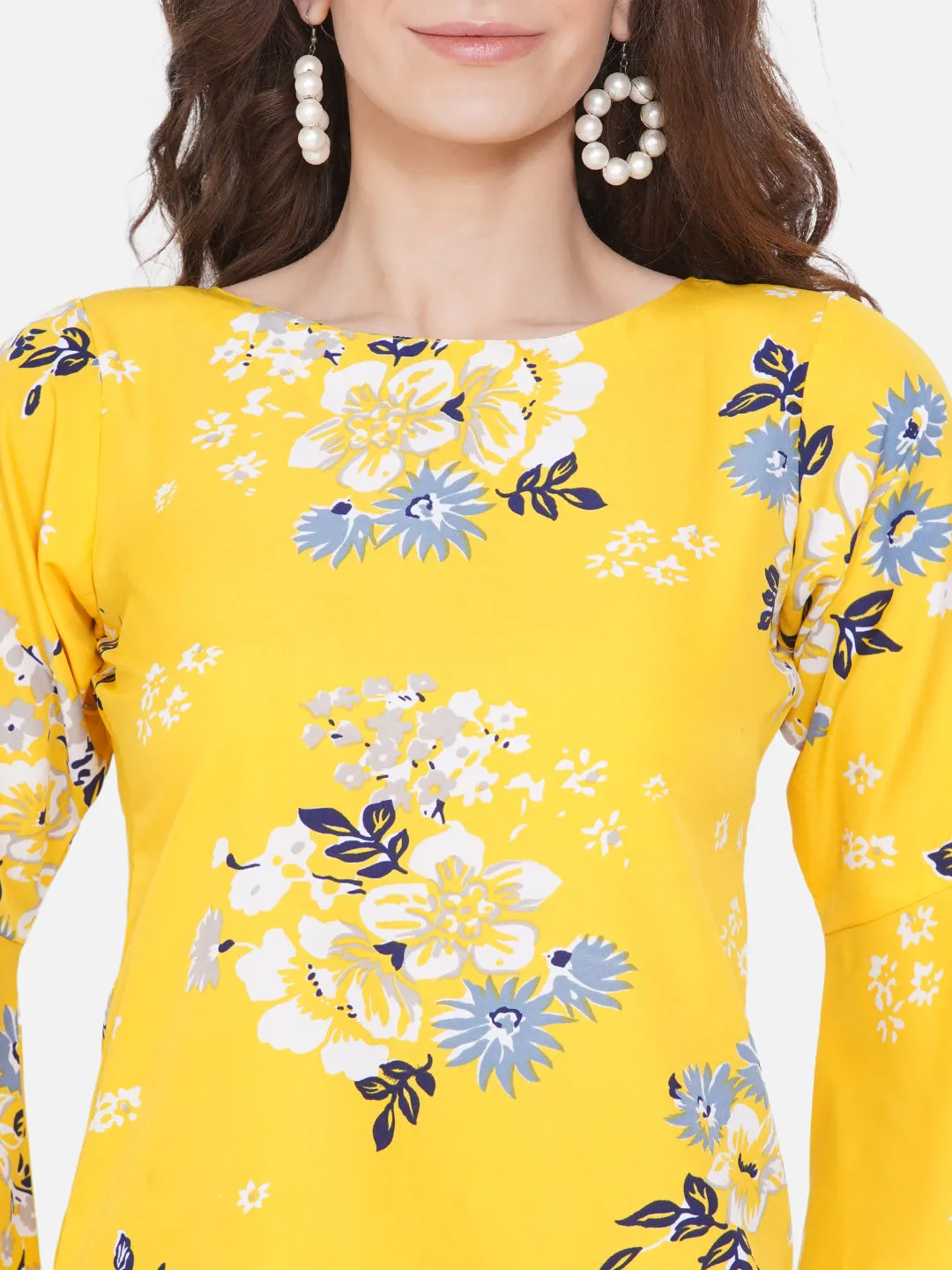 Women Yellow Floral Print Crepe Top