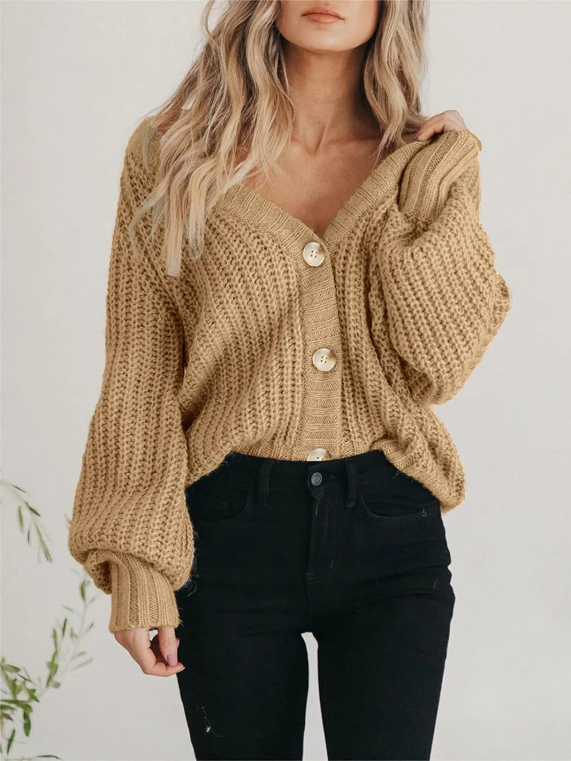 Womens Chunky Knit Pure Colour Open Front Sweater Long Sleeve Button Loose Short Cardigan Outerwear Coats