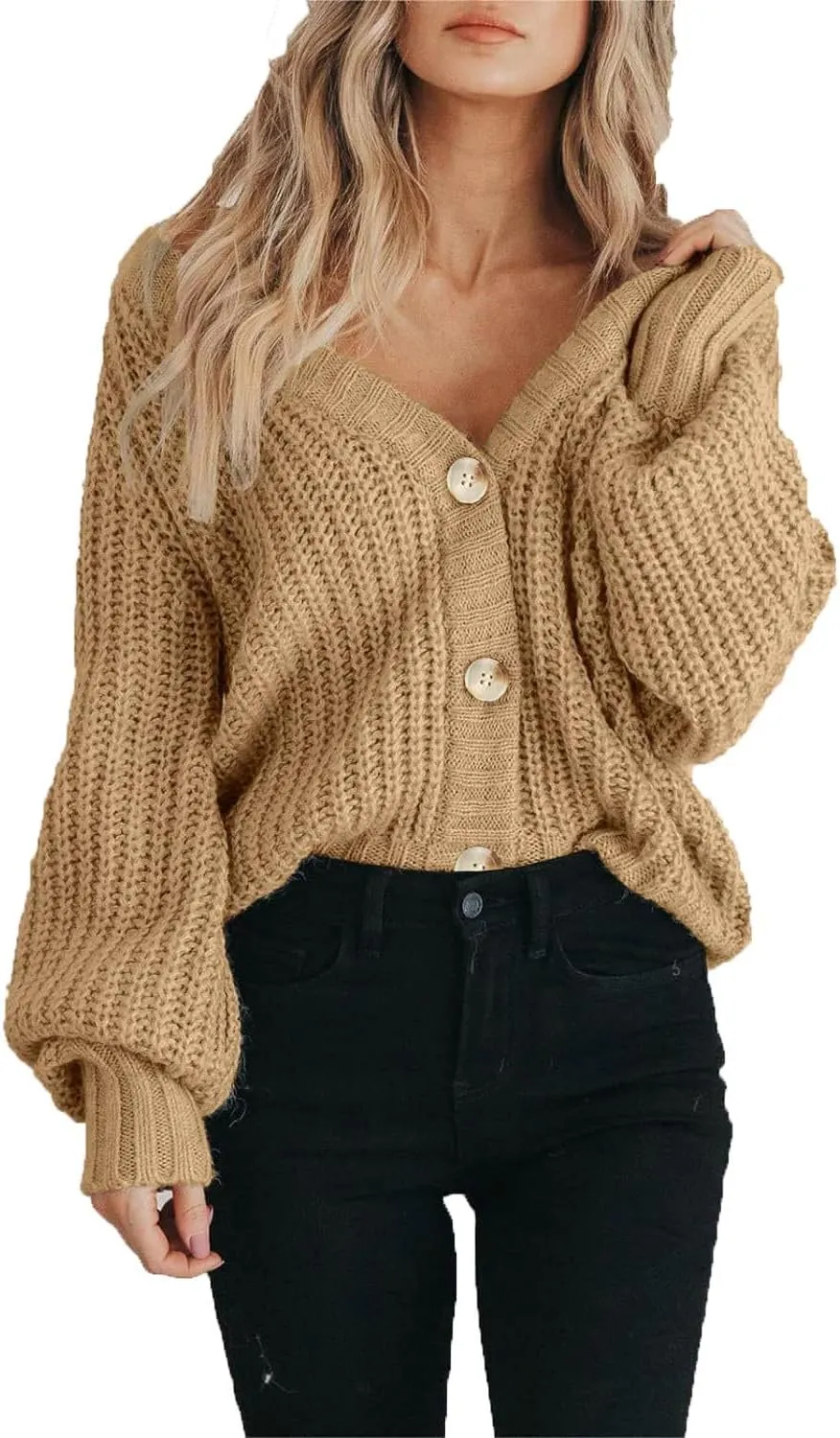 Womens Chunky Knit Pure Colour Open Front Sweater Long Sleeve Button Loose Short Cardigan Outerwear Coats