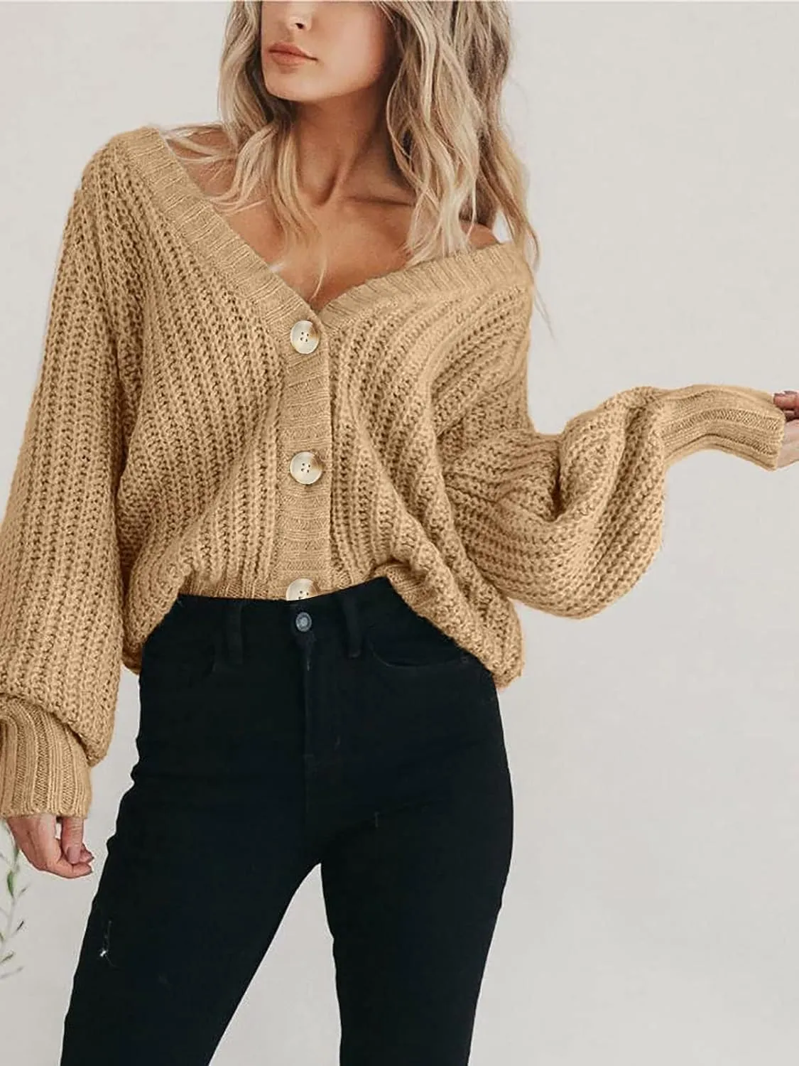 Womens Chunky Knit Pure Colour Open Front Sweater Long Sleeve Button Loose Short Cardigan Outerwear Coats