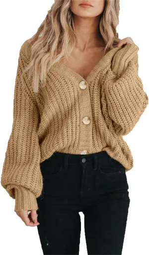 Womens Chunky Knit Pure Colour Open Front Sweater Long Sleeve Button Loose Short Cardigan Outerwear Coats