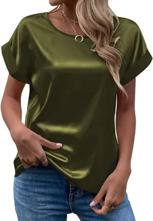 Womens Satin Top Elegant Round Neck Rolled Short Sleeve Thin Silk Shirt Solid Loose Crew Neck Office T-Shirt Blouse