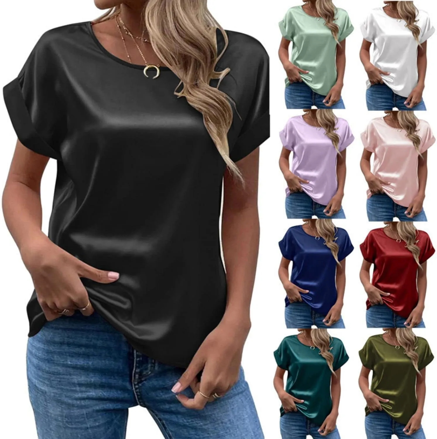 Womens Satin Top Elegant Round Neck Rolled Short Sleeve Thin Silk Shirt Solid Loose Crew Neck Office T-Shirt Blouse