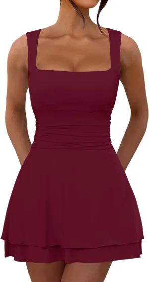 Women's Summer Ruffle Hem Square Neck Mini Dress Ruched Waist Short Party Dresses