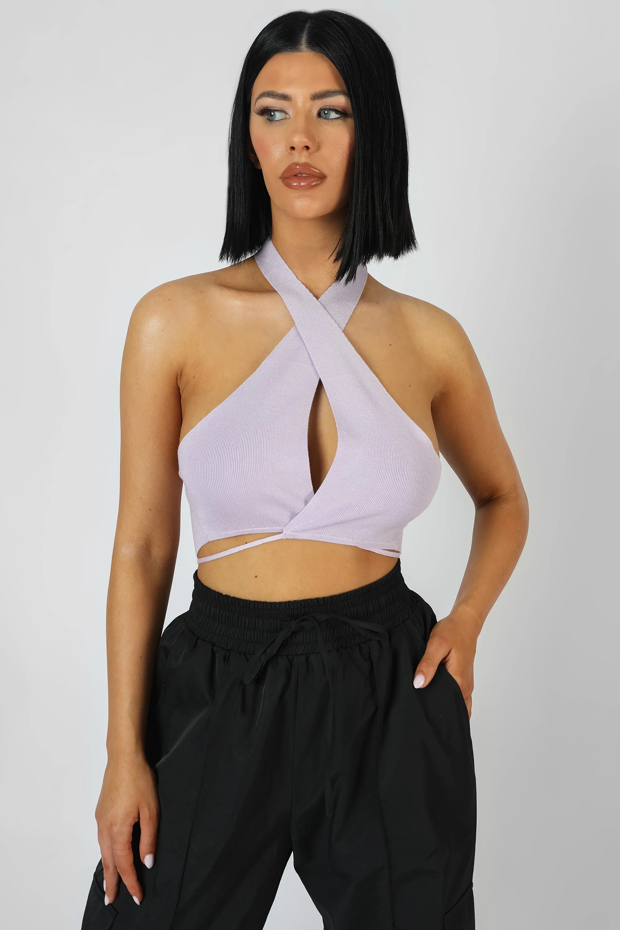 Wrap Front Halter Crop Top Lilac