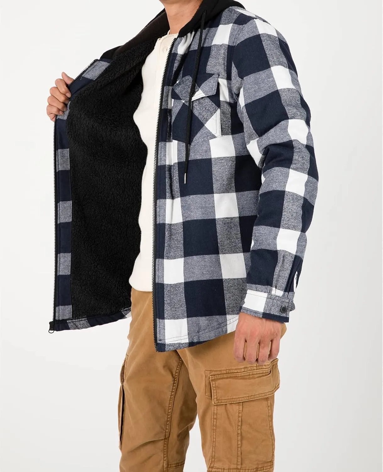 ZENTHACE Mens Sherpa Lined Flannel Shirt Jacket with Hood,Plaid Shirt-Jac,all Sherpa Lining