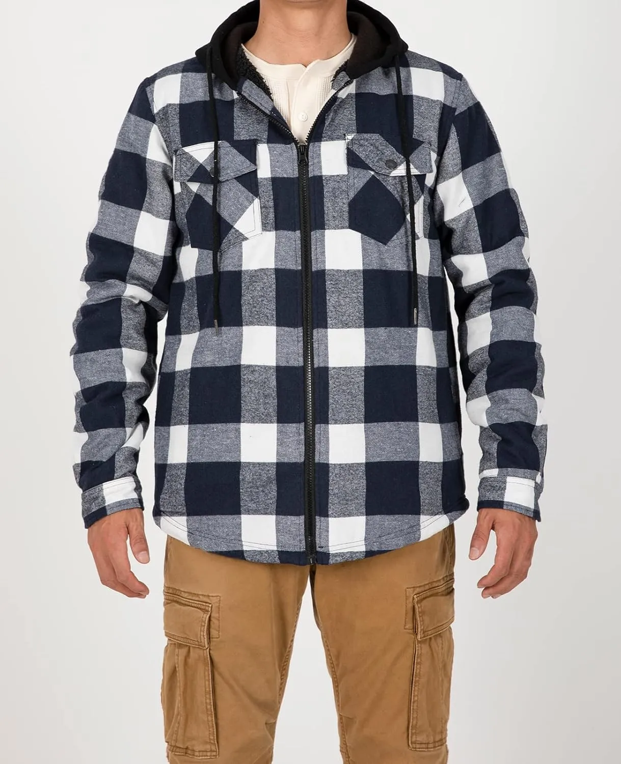 ZENTHACE Mens Sherpa Lined Flannel Shirt Jacket with Hood,Plaid Shirt-Jac,all Sherpa Lining